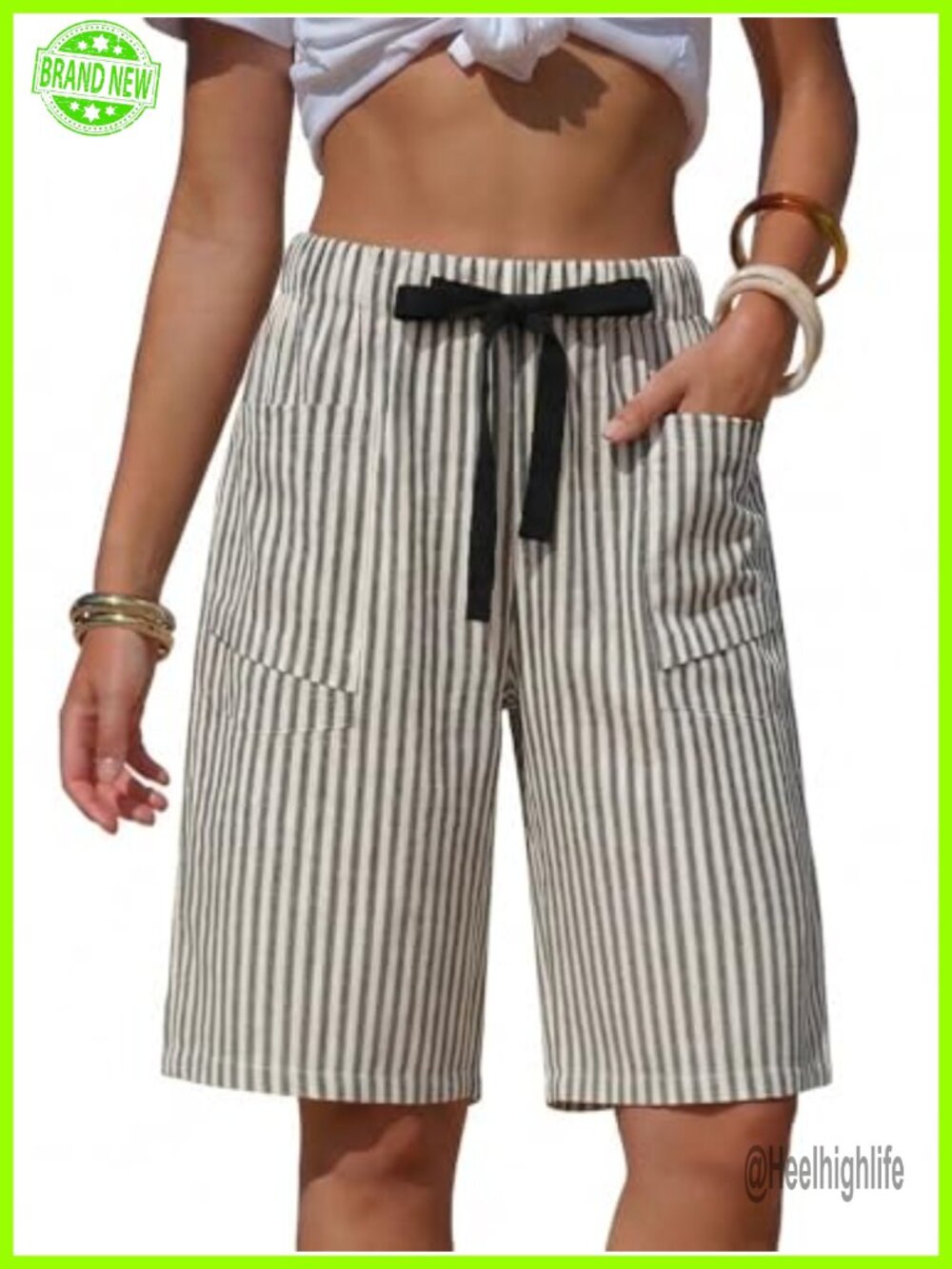 Faux Linen Striped Bermuda Shorts Drawstring Elastic Waist with Pockets